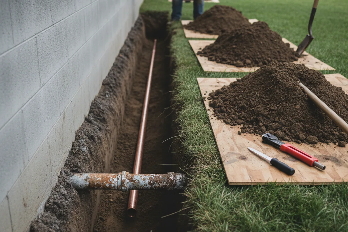 Excavated water line trench during Sewer Line Repair in Aliso Viejo